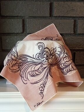1950's Vintage P. Laburn Signed Blush and White Feather Swirl Design Handkerchie
